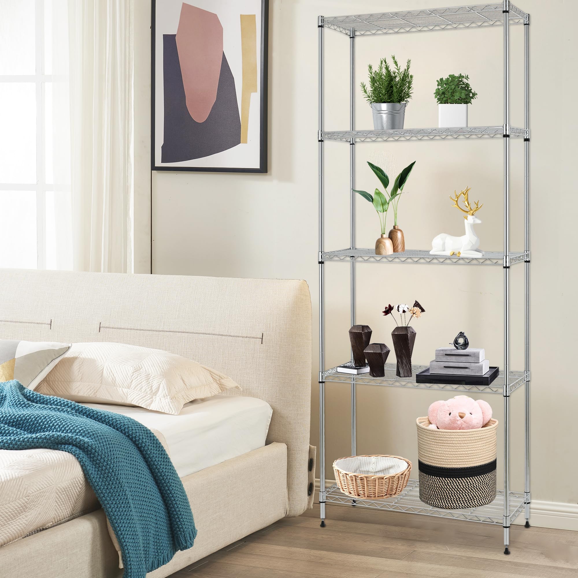 FDW Shelves,Wire Shelving Utility Storage Shelves Shelving Unit NSF Certified Height Adjustable Metal 5 Tier Shelves Easy Assembly 24" L x 14" W x 60" H,Chrome