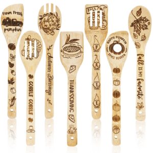 Whaline 7Pcs Fall Wooden Spoons Set Pumpkin Maple Turkey Gnome Wooden Spoons Thanksgiving Natural Burned Cooking Utensil Spoon Engraved Laser Scoops for Party Decoration Home Kitchen Supplies