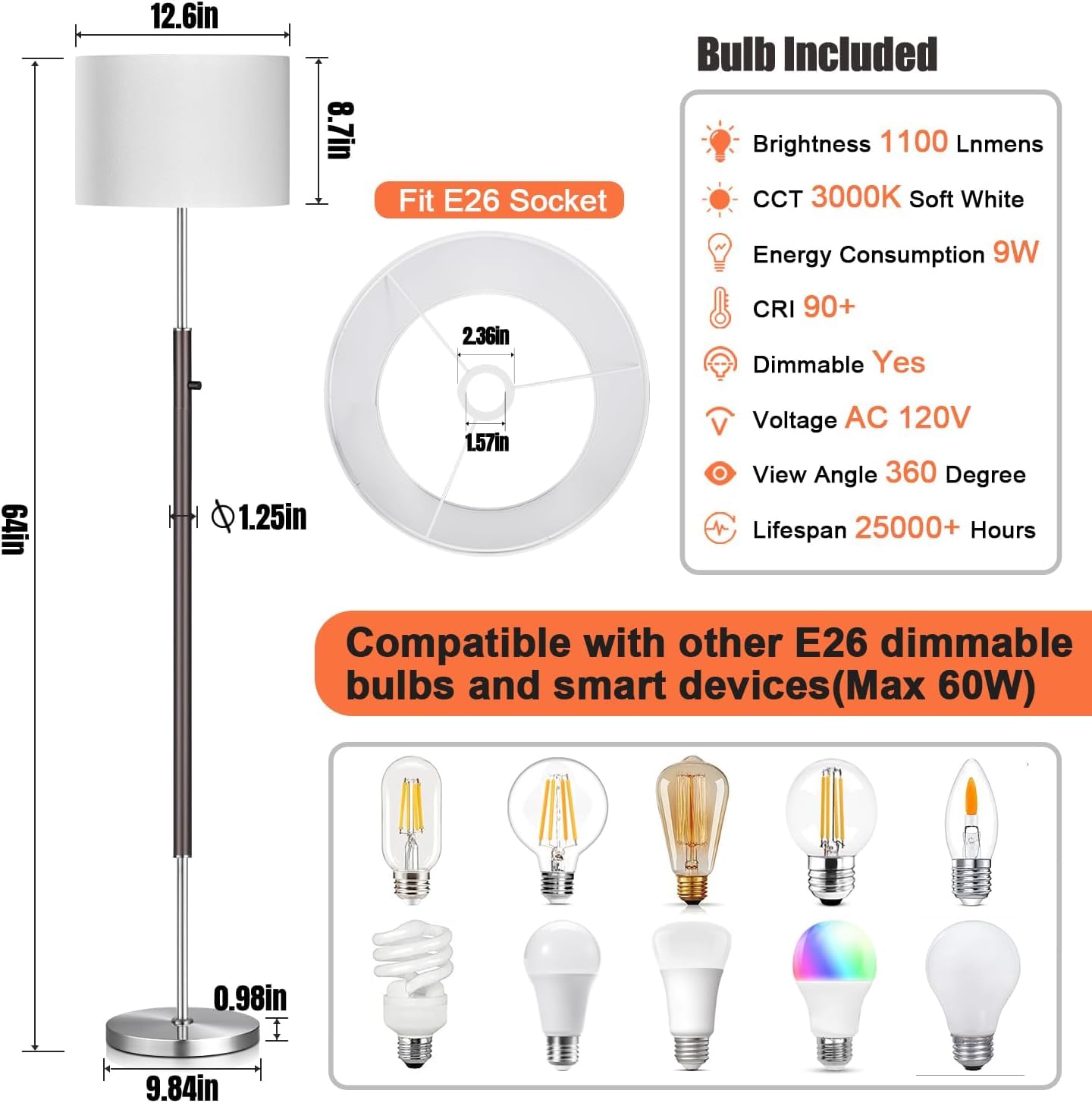 【Upgraded】 Dimmable Floor Lamp for Living Room, 1100 Lumens LED Edison Bulb Included, Simple Standing Lamp with Linen Lamp Shade, Modern Tall Lamp for Living Room Bedroom Office Dining Room Dorm