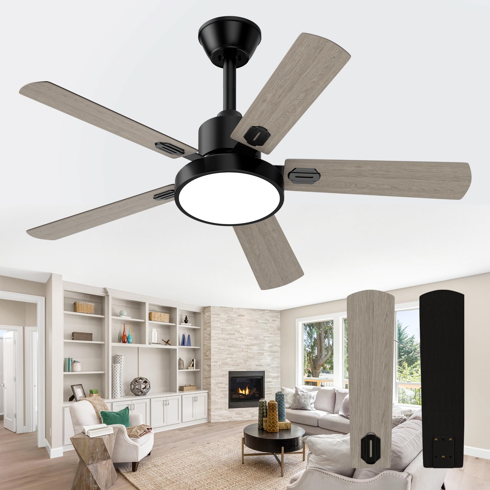 Obabala Ceiling Fans with Lights and Remote, Outdoor/Indoor Black Fan with Lights for Patio Bedroom Living Room，52 Inch