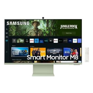 samsung 32" m80c uhd hdr smart computer monitor screen with streaming tv, slimfit camera included, wireless remote pc access, alexa built-in (ls32cm80gunxza), spring green, 8" d x 28.1" w x 22.6" h