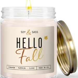 Fall Candles - 'Hello Fall' Fall Candle w/Cinnamon, Spice & Pumpkin Candle I Infused with Essential Oils I Autumn Fall Scented Candles I Pumpkin Spice Candle I 9oz Jar I 50Hr Burn I Made in USA