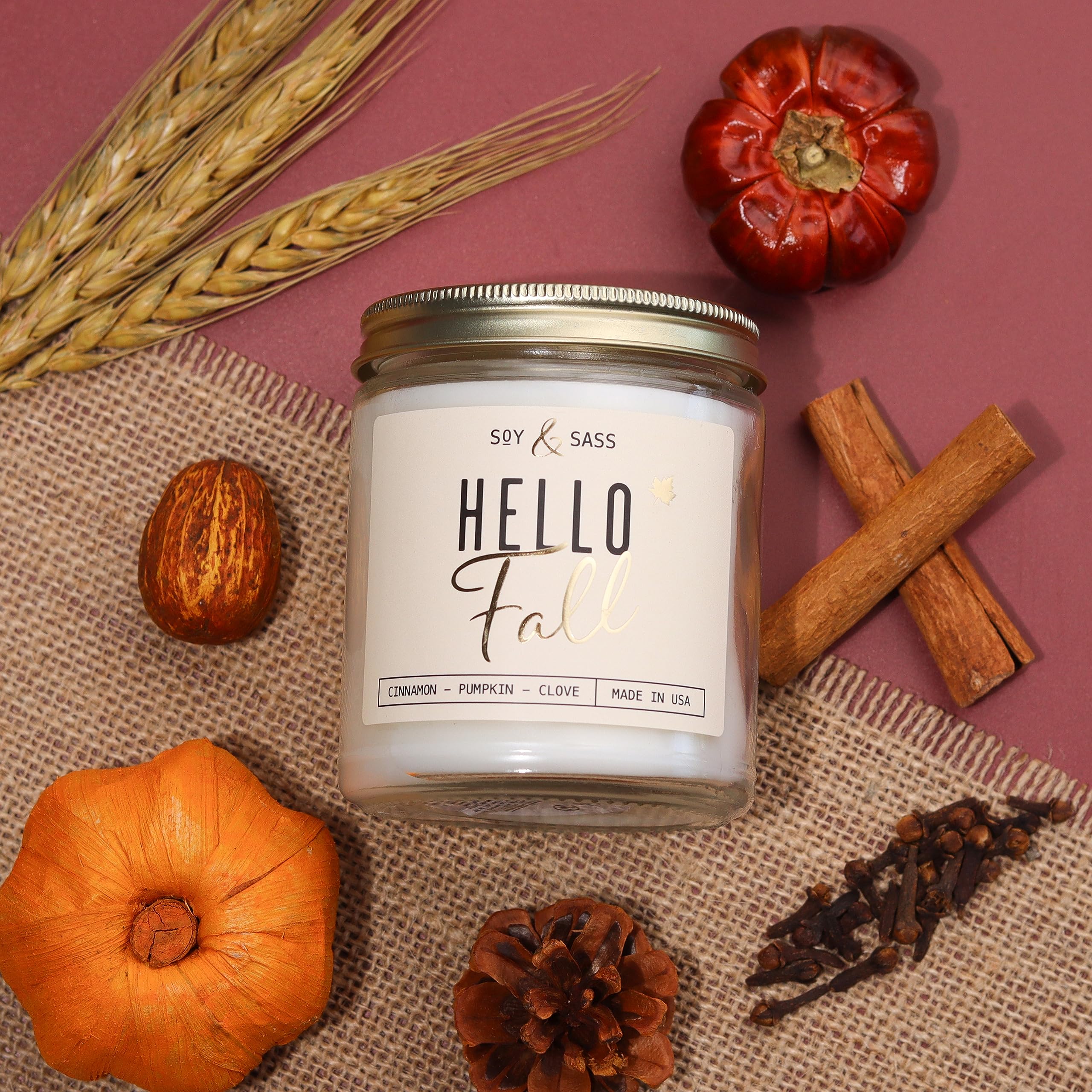 Fall Candles - 'Hello Fall' Fall Candle w/Cinnamon, Spice & Pumpkin Candle I Infused with Essential Oils I Autumn Fall Scented Candles I Pumpkin Spice Candle I 9oz Jar I 50Hr Burn I Made in USA