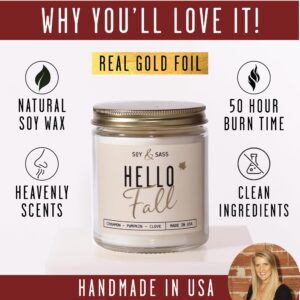 Fall Candles - 'Hello Fall' Fall Candle w/Cinnamon, Spice & Pumpkin Candle I Infused with Essential Oils I Autumn Fall Scented Candles I Pumpkin Spice Candle I 9oz Jar I 50Hr Burn I Made in USA