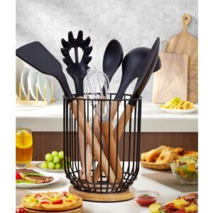 WDT Tool Utensil holder for Kitchen Counter，Large Utensils Holder For Farmhouse Cooking, Utensil Caddy Spatula Holder (Metal+Bamboo-1)