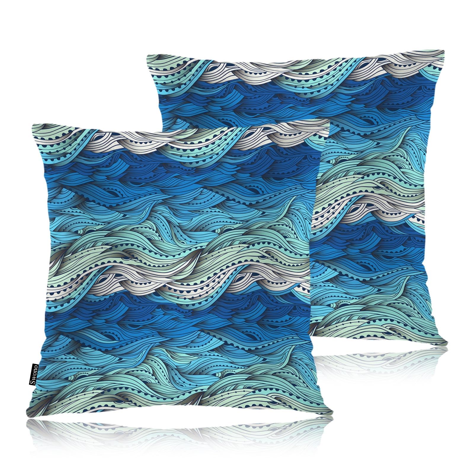 Swono Ocean Wave Pillow Covers, Abstract Swirls Ocean Sea Waves Decorative Pillow Case Home Sofa Cushion Set, Blue Waves Pillow Cushion Cases for Bed/Patio/Garden/Balcony, 2-Pack, 18x18 Inch