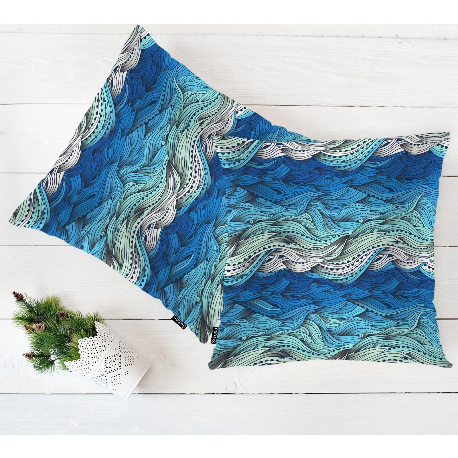 Swono Ocean Wave Pillow Covers, Abstract Swirls Ocean Sea Waves Decorative Pillow Case Home Sofa Cushion Set, Blue Waves Pillow Cushion Cases for Bed/Patio/Garden/Balcony, 2-Pack, 18x18 Inch