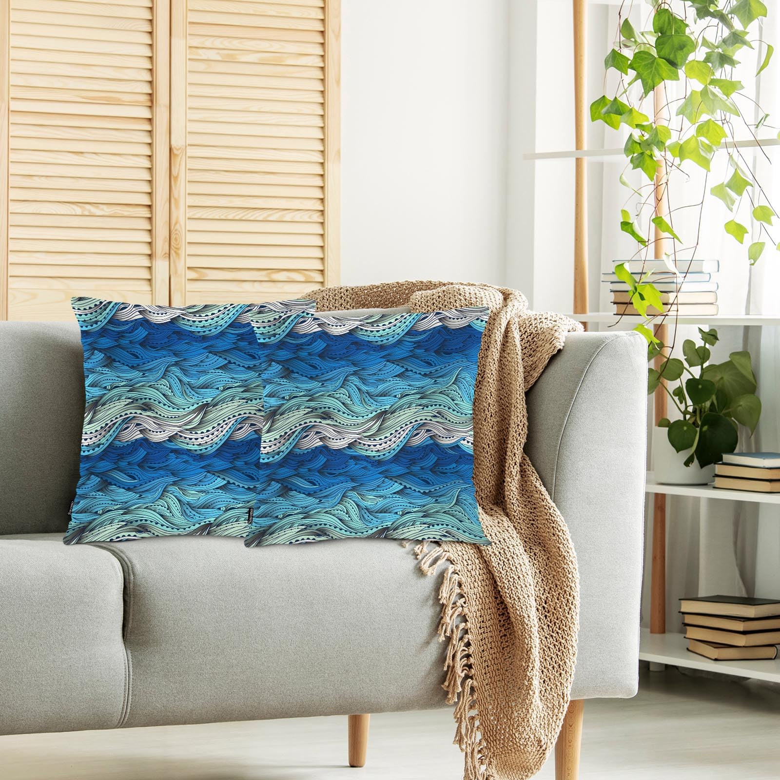 Swono Ocean Wave Pillow Covers, Abstract Swirls Ocean Sea Waves Decorative Pillow Case Home Sofa Cushion Set, Blue Waves Pillow Cushion Cases for Bed/Patio/Garden/Balcony, 2-Pack, 18x18 Inch