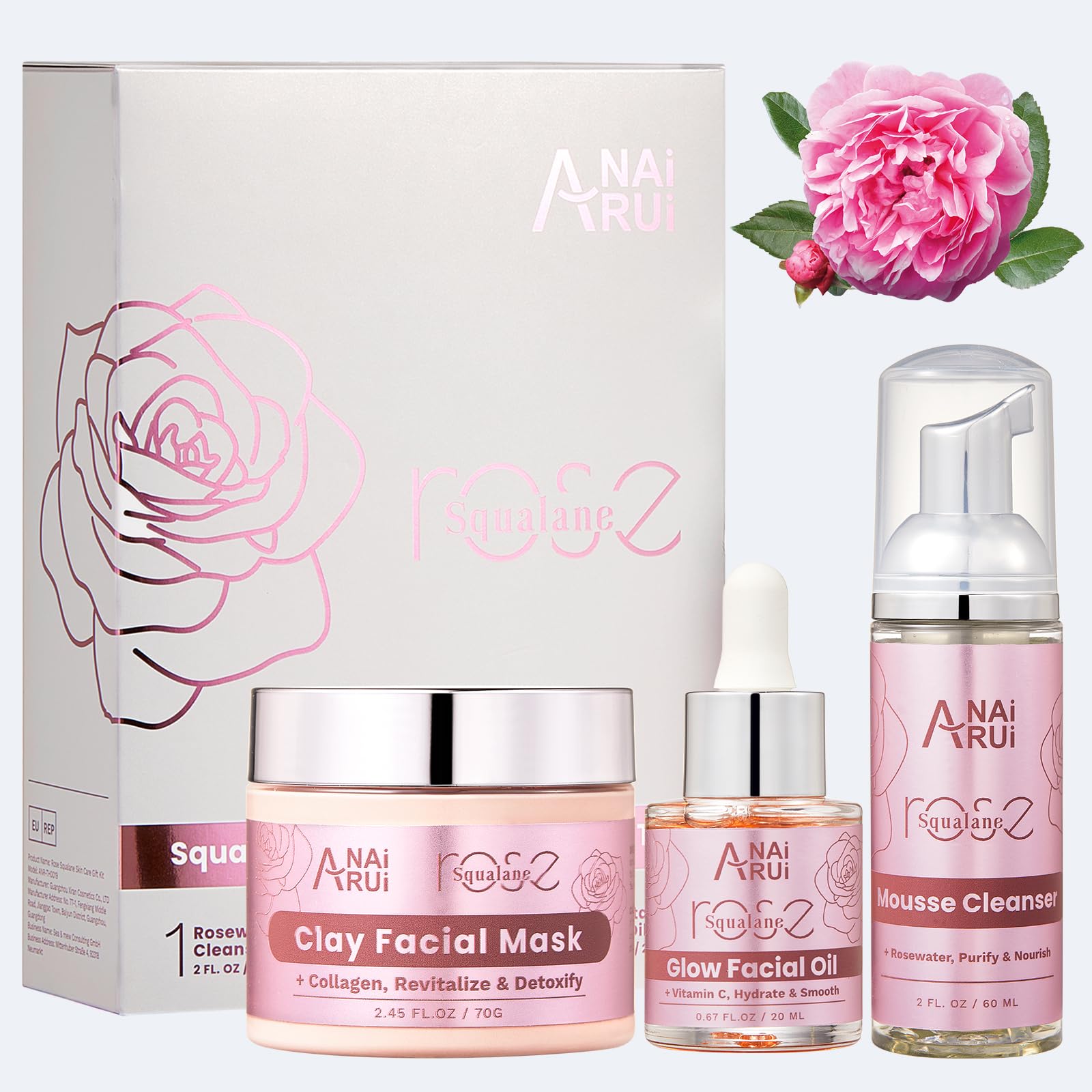 ANAiRUi Skin Care Set, Facial Kit for Women, Rose & Squalane Face wash and Moisturizer Set with Clay Mask, Face Cleanser and Facial Oil, Purify, Hydrate, Radiant, Rose Travel Skincare Set