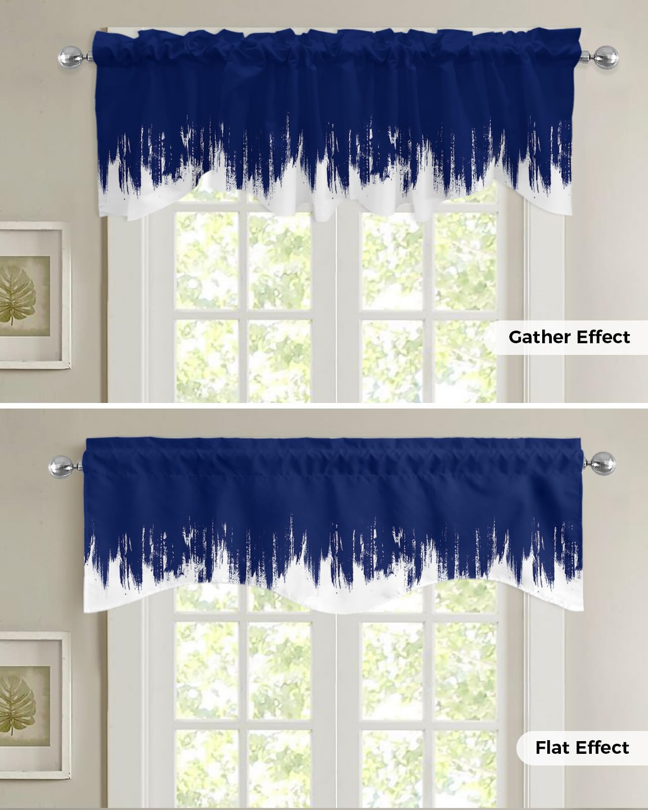 YOKOU Kitchen Valances for Windows Abstract Oil Painting Smear Navy Blue White Light Filtering Short Curtains for Windows Bedroom Privacy Added Rod Pocket Design 60x18inch,2pcs