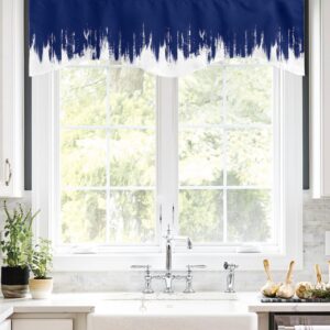 YOKOU Kitchen Valances for Windows Abstract Oil Painting Smear Navy Blue White Light Filtering Short Curtains for Windows Bedroom Privacy Added Rod Pocket Design 60x18inch,2pcs