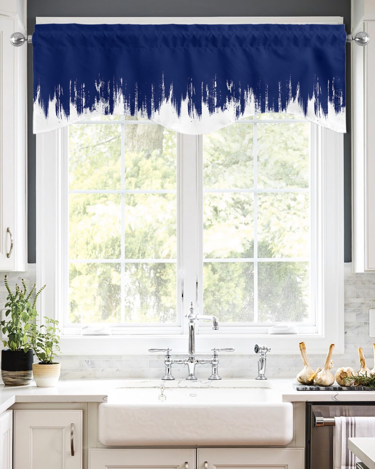 YOKOU Kitchen Valances for Windows Abstract Oil Painting Smear Navy Blue White Light Filtering Short Curtains for Windows Bedroom Privacy Added Rod Pocket Design 60x18inch,2pcs