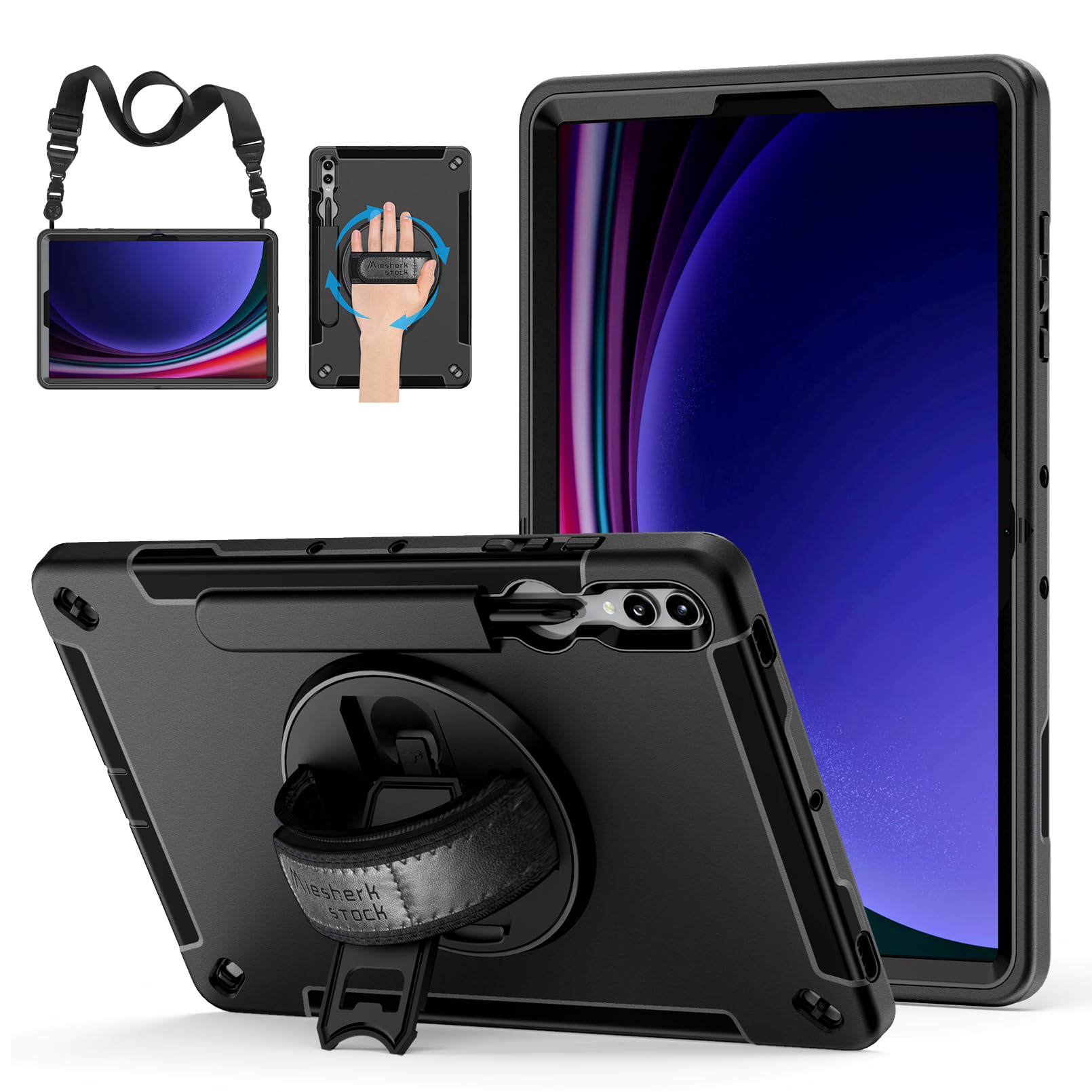 Case for Samsung Tab S9 Plus 2023: Miesherk Stock Heavy Duty Rugged Military Grade Shockproof Case for Galaxy Tab S9 Plus 12.4 Inch 2023 W/360° Stand - Handle - Shoulder Strap - S-Pen Holder - Black