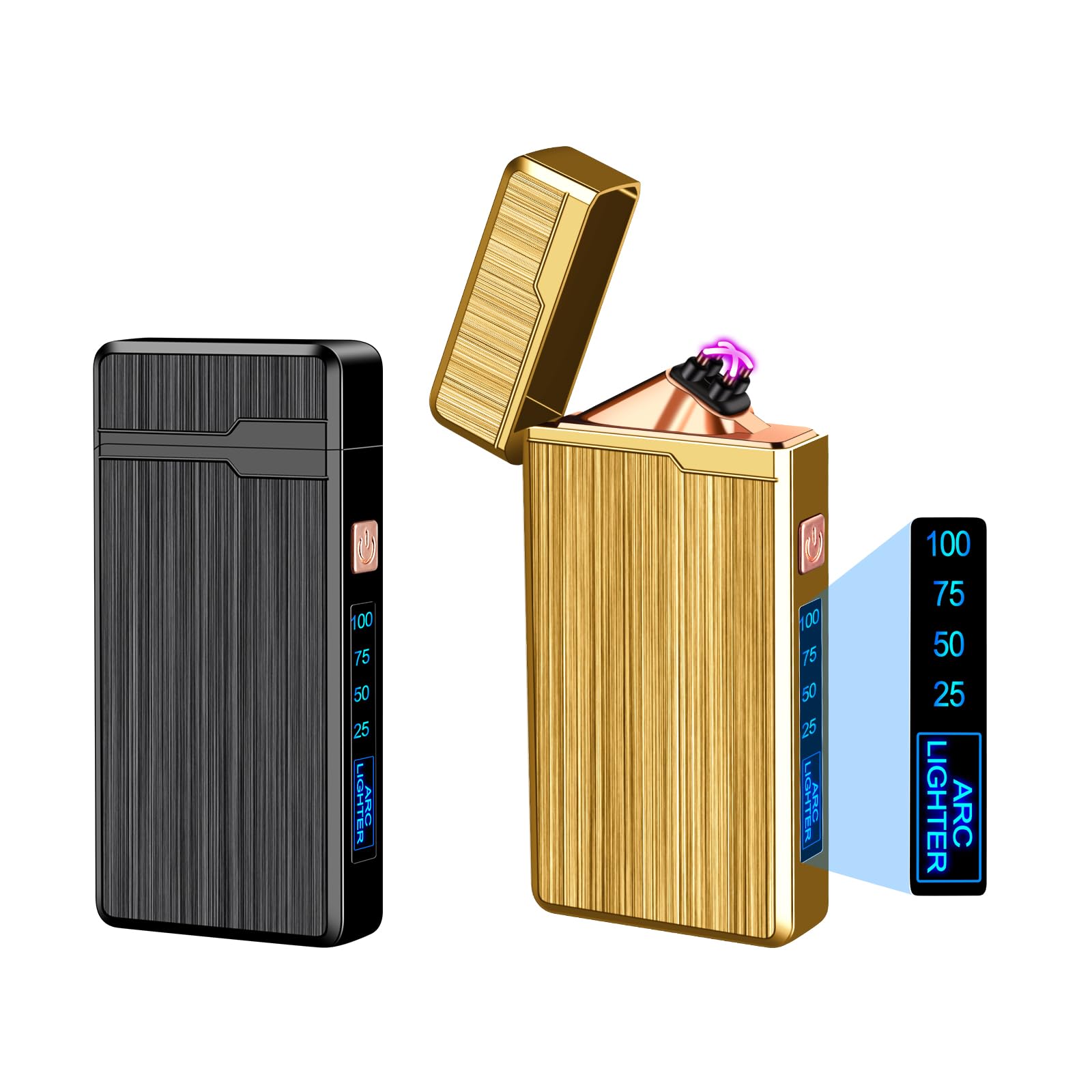 ULMCULM 2 PACK Electric Lighter,USB Rechargeable Lighter, Plasma Dual Arc Lighter, Windproof Flameless Lighter, Pocket Metal Lighter with LED Battery Indication for Indoor Outdoor (Black&Gold)