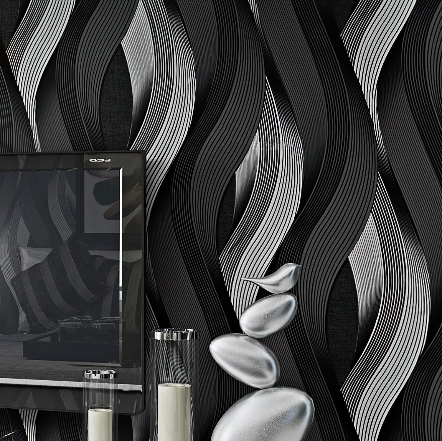 yaretzy Peel and Stick Wallpaper Black/White 3D Wave Stripe Wallpaper Removable Sticky Self Adhesive Wallpaper 20.8inch x 9.8ft