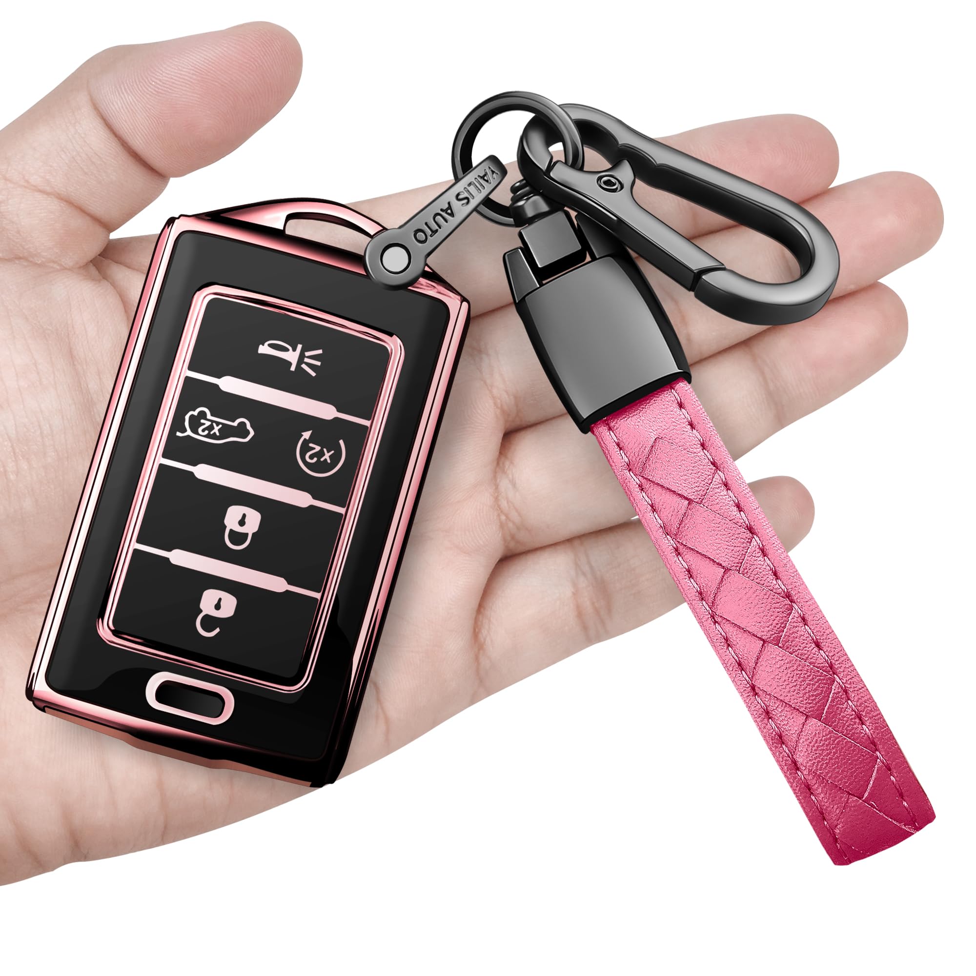 Sindeda for Jeep Key Fob Cover with Keychain Soft Full Protection Key Shell Key Case Compatible with 2021 2022 2023 2024 Grand Cherokee L Grand Wagoneer (5 Buttons, Pink)