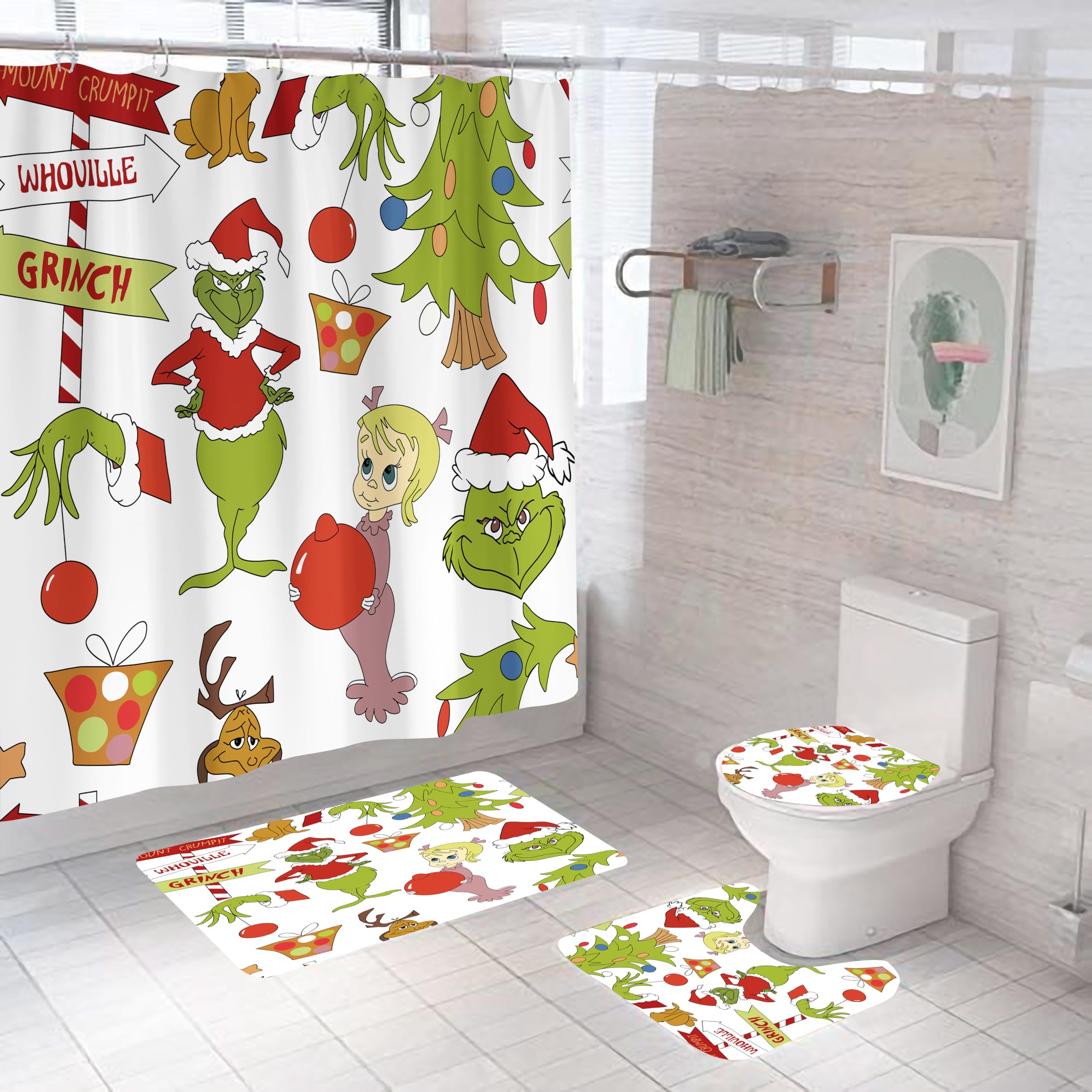 Teunix 4 Pcs Christmas Shower Curtain Set with Non-Slip Rugs, Toilet Lid Cover and Bath Mat, Christmas Decor for Bathroom, Christmas Bathroom Home Decorations with Hooks 71'' x 71'' (White)