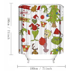 Teunix 4 Pcs Christmas Shower Curtain Set with Non-Slip Rugs, Toilet Lid Cover and Bath Mat, Christmas Decor for Bathroom, Christmas Bathroom Home Decorations with Hooks 71'' x 71'' (White)