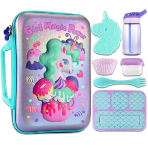 kids lunch box girls set - unicorn lunch bag for school with containers reusable complete lunch kit included 3-compartment lunchbox insulated lunch bags sets for toddler childrens leakproof and safe