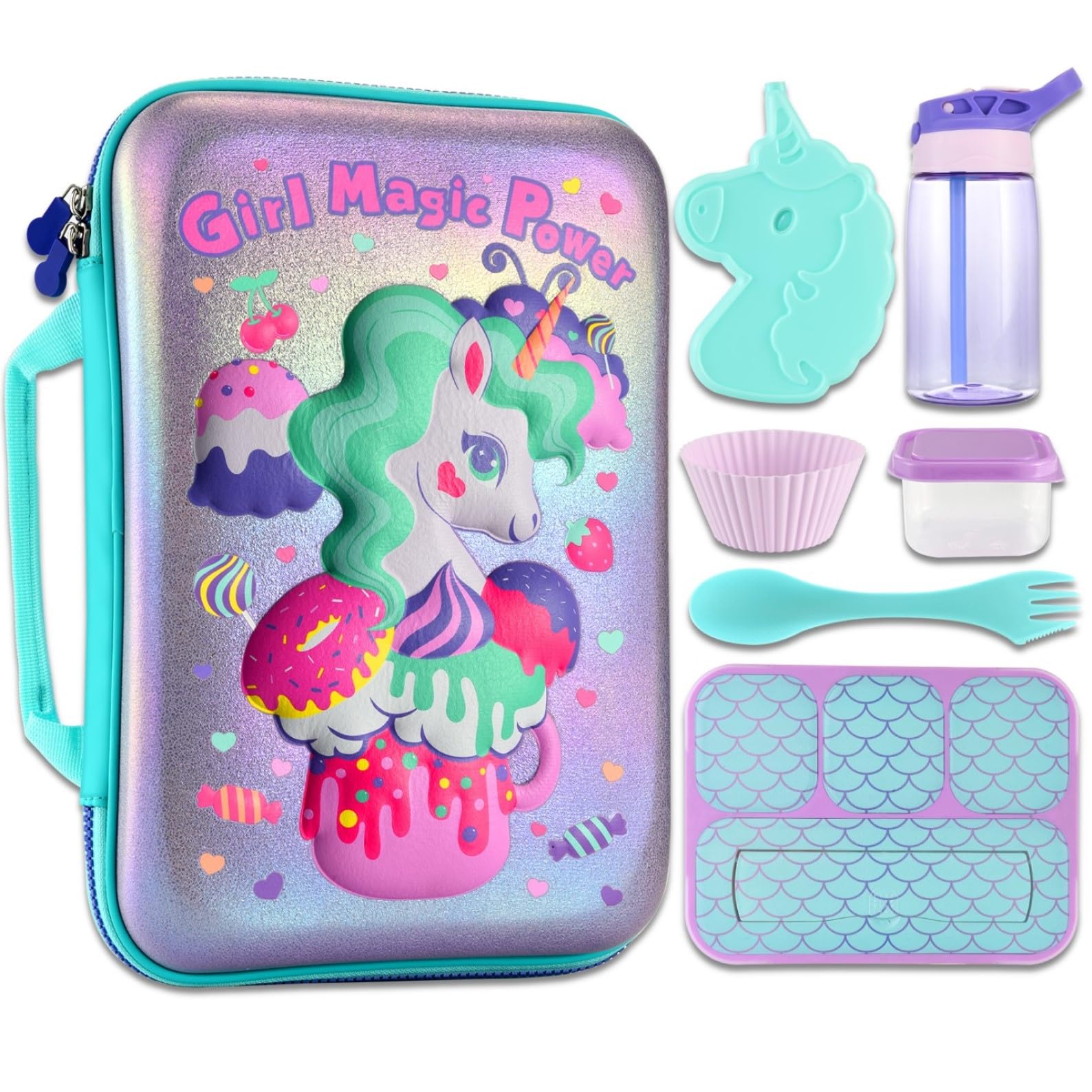 Kids Lunch Box Girls Set - Unicorn Lunch Bag for School with Containers Reusable Complete Lunch Kit Included 3-Compartment Lunchbox Insulated Lunch Bags Sets for Toddler Childrens Leakproof and Safe