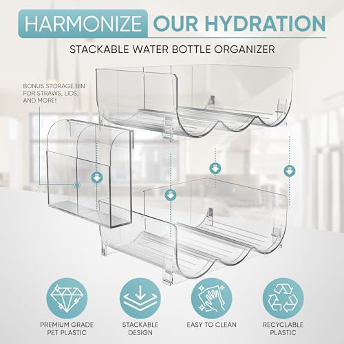 Jeani 2 Tiered Acrylic Water Bottle Organizer - Stackable Water Bottle Storage Rack with Attachable Side Bin - Multipurpose Water Bottle Shelf, Tumbler Organizer for Kitchen Cabinets, Pantry and More