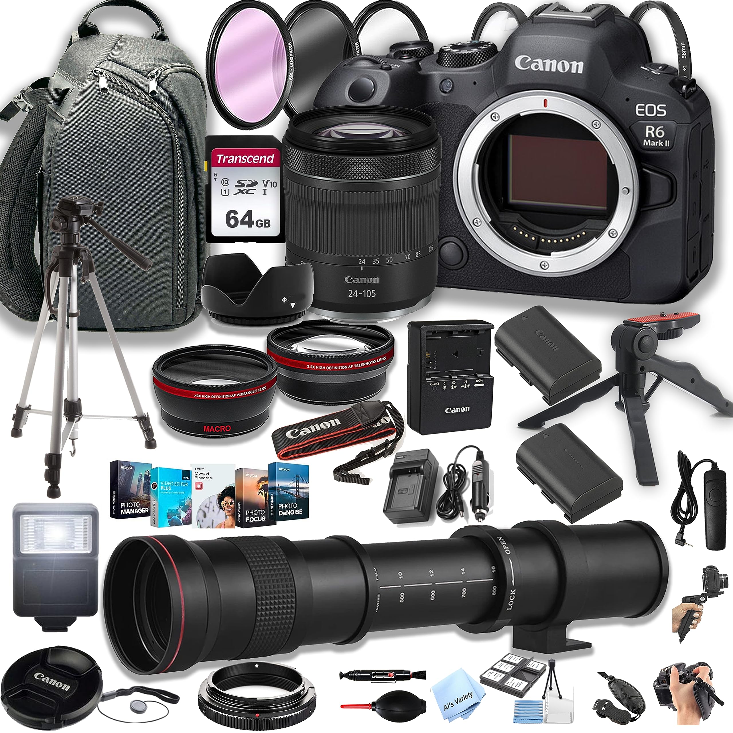 Canon EOS R6 Mark II Mirrorless Camera with 24-105mm Lens + 420-800mm Super Telephoto Lens + 100S Sling Backpack + 64GB Memory Cards, Professional Photo Bundle (42pc Bundle) (Renewed)