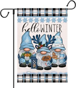 gnome garden flag - hello winter snowflake garden flags 12x18 double sided christmas yard flag buffalo plaid burlap farmhouse welcome decorative flags for outside outdoor lawn xmas decoration