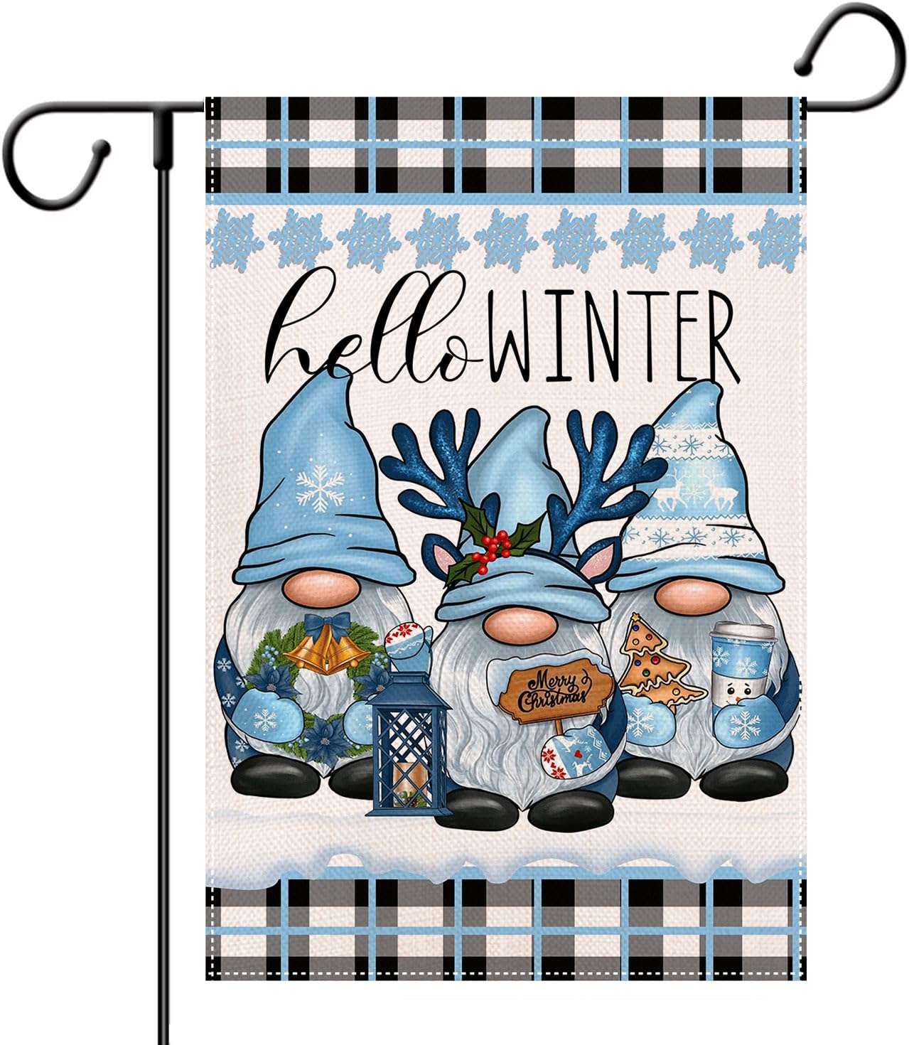 Gnome Garden Flag - Hello Winter Snowflake Garden Flags 12x18 Double Sided Christmas Yard Flag Buffalo Plaid Burlap Farmhouse Welcome Decorative Flags for Outside Outdoor Lawn Xmas Decoration