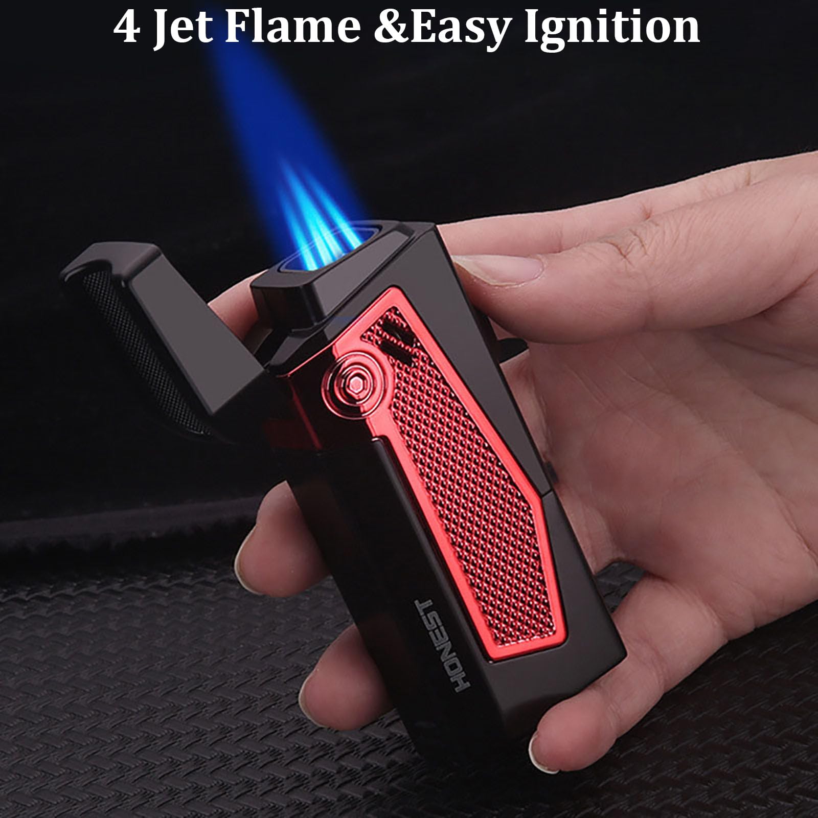 Torch Lighters, Quad 4 Jet Flame Torch Lighter with Fluid View Window, Refillable Butane Lighter Windproof Lighter for Candle, Grill, Fireworks, Camping (Butane Gas Not Included)