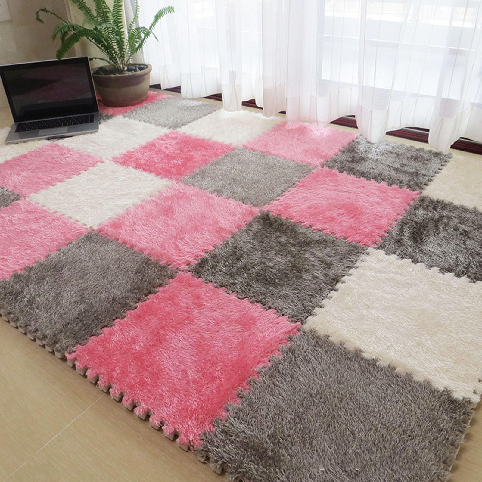 60 Pcs Square Interlocking Carpet Tiles,Plush Puzzle Foam Floor Mats,Splicing Area Rug,Keep Warm,Bedroom,Playroom,Parlor,1x1 Ft(Color:White+Pink+Gray)