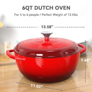 magicplux Dutch Oven Pot with Lid, Enameled Cast Iron Dutch Oven 6 Quart, Cast Iron Pot for Cooking, Red