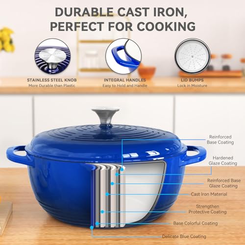 magicplux Dutch Oven Pot with Lid, Enameled Cast Iron Dutch Oven 6 Quart, Cast Iron Pot for Cooking, Blue