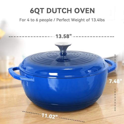 magicplux Dutch Oven Pot with Lid, Enameled Cast Iron Dutch Oven 6 Quart, Cast Iron Pot for Cooking, Blue