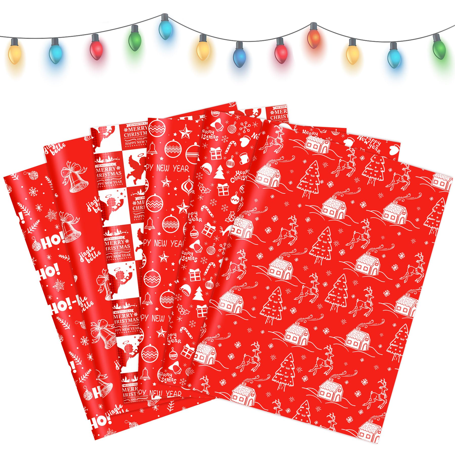 Toptime Christmas Wrapping Paper, Red and White Gift Wrapping Paper Sheets of 6 with Angel, Xmas Tree, Bells, Reindeer, Flat Cute Christmas Gift Wrap for New Year, Holiday, Art Crafts, 27.6x19.7in