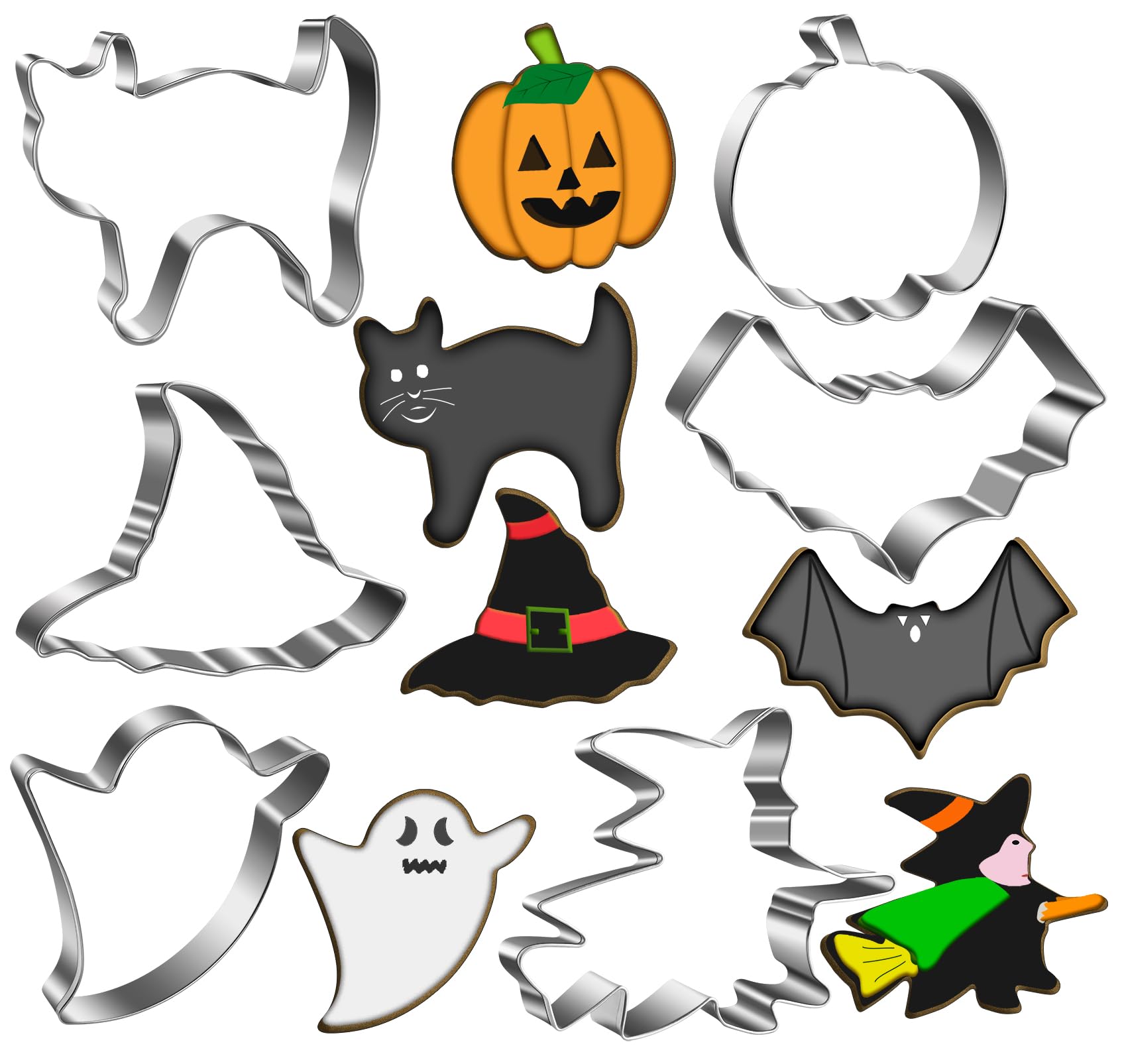 Halloween Cookie Cutters Set - Ghost, Pumpkin, Bat, Cat, Witch, Witch Hat - 6Pcs Halloween Cookie Cutters Large for Halloween Party - Cookie Cutters Halloween Shapes for Holiday Fall Baking