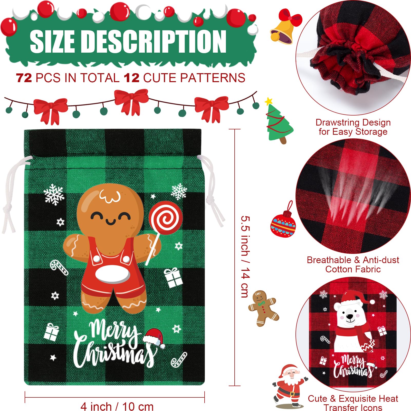 72Pcs Burlap Christmas Drawstring Bags Buffalo Plaid Xmas Gift Bags Burlap Xmas Candy Bags Small Christmas Linen Treat Bags Goody Gift Bags Sacks Reusable Gift Wrapping Bags Holiday Party Favors Bags