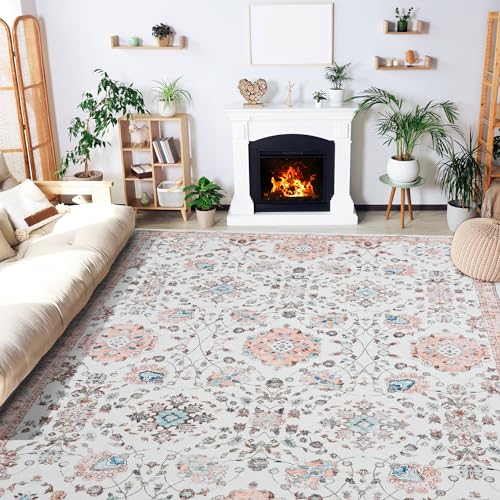 Mcadore 8x10 Area Rugs Washable Boho Rug, Non Slip Carpet for Living Room, Bedroom, Kitchen, Soft Low-Pile Rug, Beige/Floral