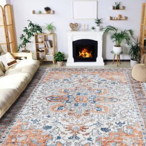 Mcadore 8x10 Washable Boho Area Rug - Non Slip, Indoor Large Carpet for Living Room, Bedroom, Kitchen - Tangerine/Multi Color, Easy to Clean, Durable and Stylish