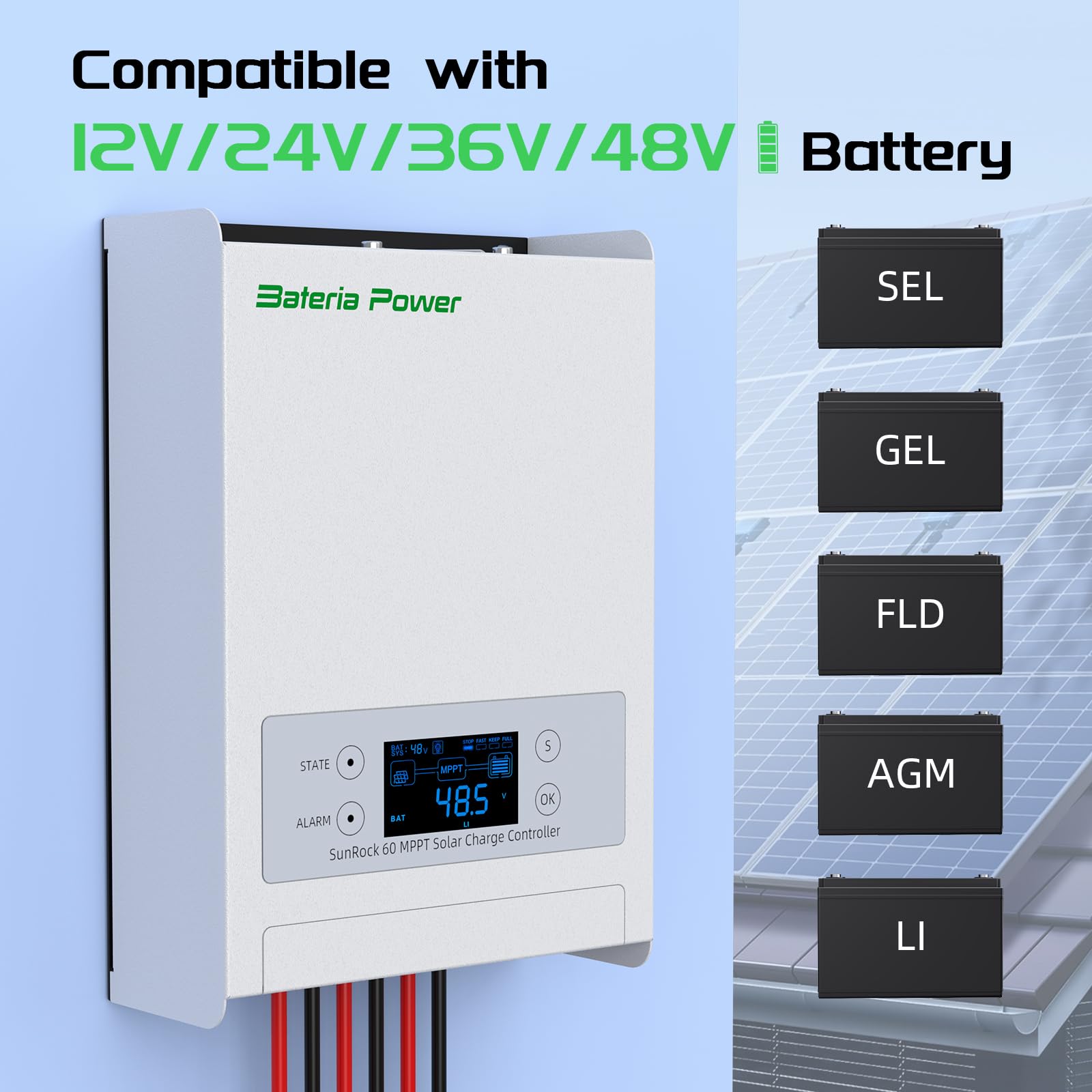 Bateria Power 60A 12/24/36/48V MPPT Solar Charge Controller, 99.5% MPPT Efficiency Solar Panel Charge Regulator, Compatible with Gel, AGM, Sealed, Flooded and Lithium LiFePO4 Battery