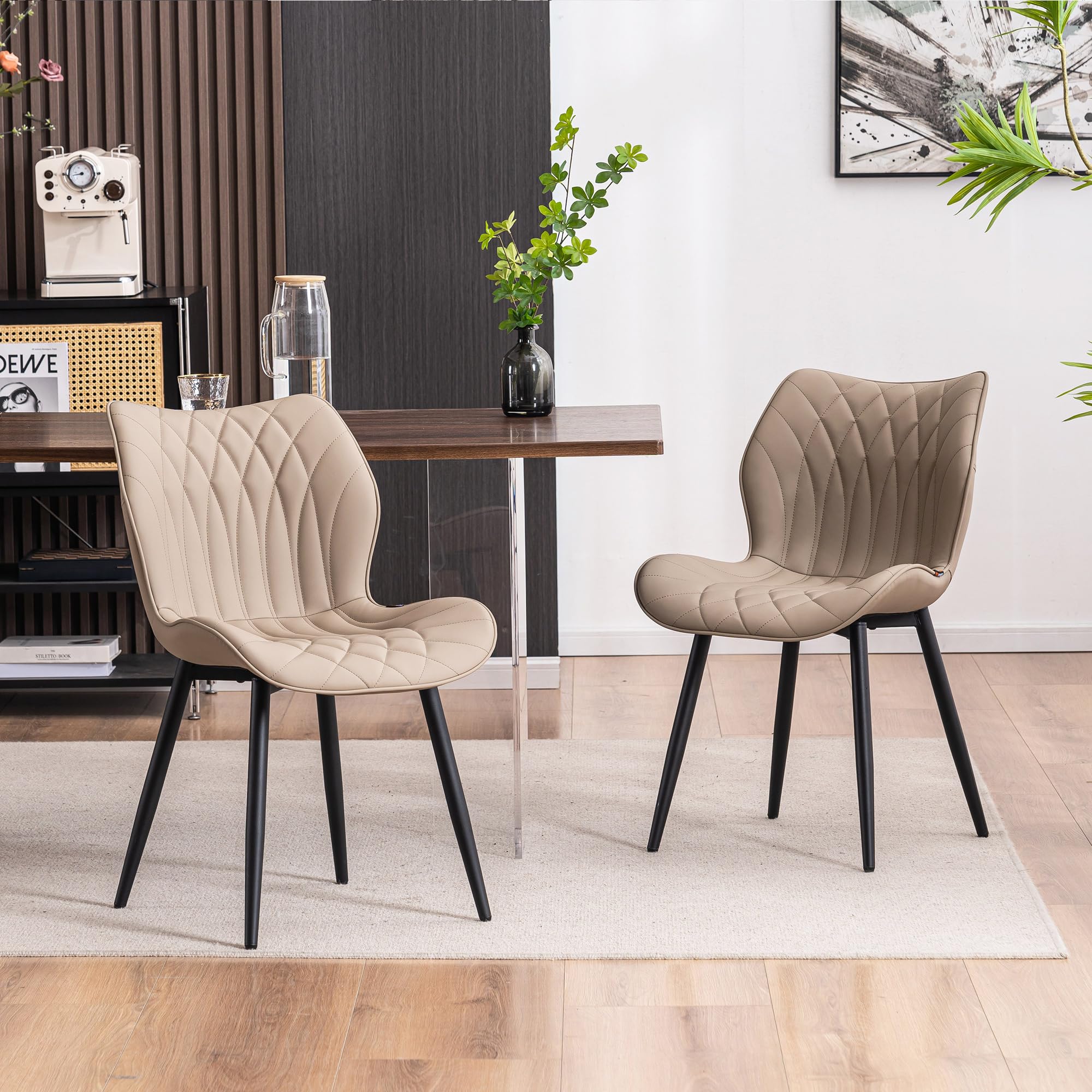 YOUNIKE Dining Chairs Set of 2, Upholstered Leather Kitchen Dining Room Chairs, Modern Living Room Bedroom Side Chairs with Wide Curved Back and Metal Legs, Kitchen Chairs Khaki Taupe