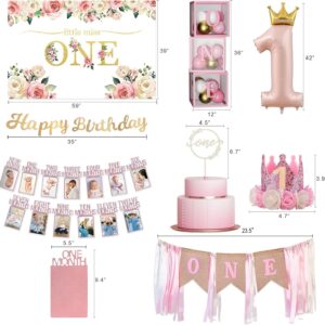 Baby Girl 1st Birthday Decorations , Baby First Birthday Supplies for Girl,Including Balloon Boxes, Pink Gold Balloons Garland Arch Kit，Party Backdrop, High Chair Banner, Crown, Photo Banner