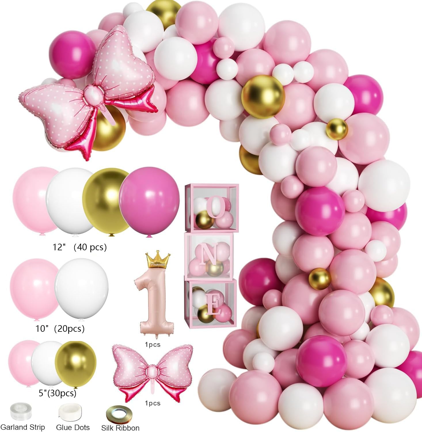 Baby Girl 1st Birthday Decorations , Baby First Birthday Supplies for Girl,Including Balloon Boxes, Pink Gold Balloons Garland Arch Kit，Party Backdrop, High Chair Banner, Crown, Photo Banner