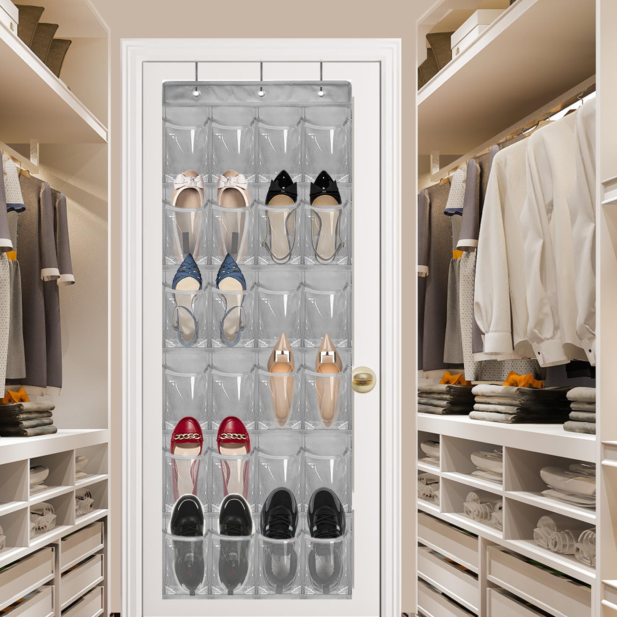 Over The Door Shoe Organizer - Space Saving Shoe Rack for Closet Door with 24 Pockets and Hook, Shoe Holder Back of Door Organizers for Shoes, Hanging Shoe Organizer (Gray)