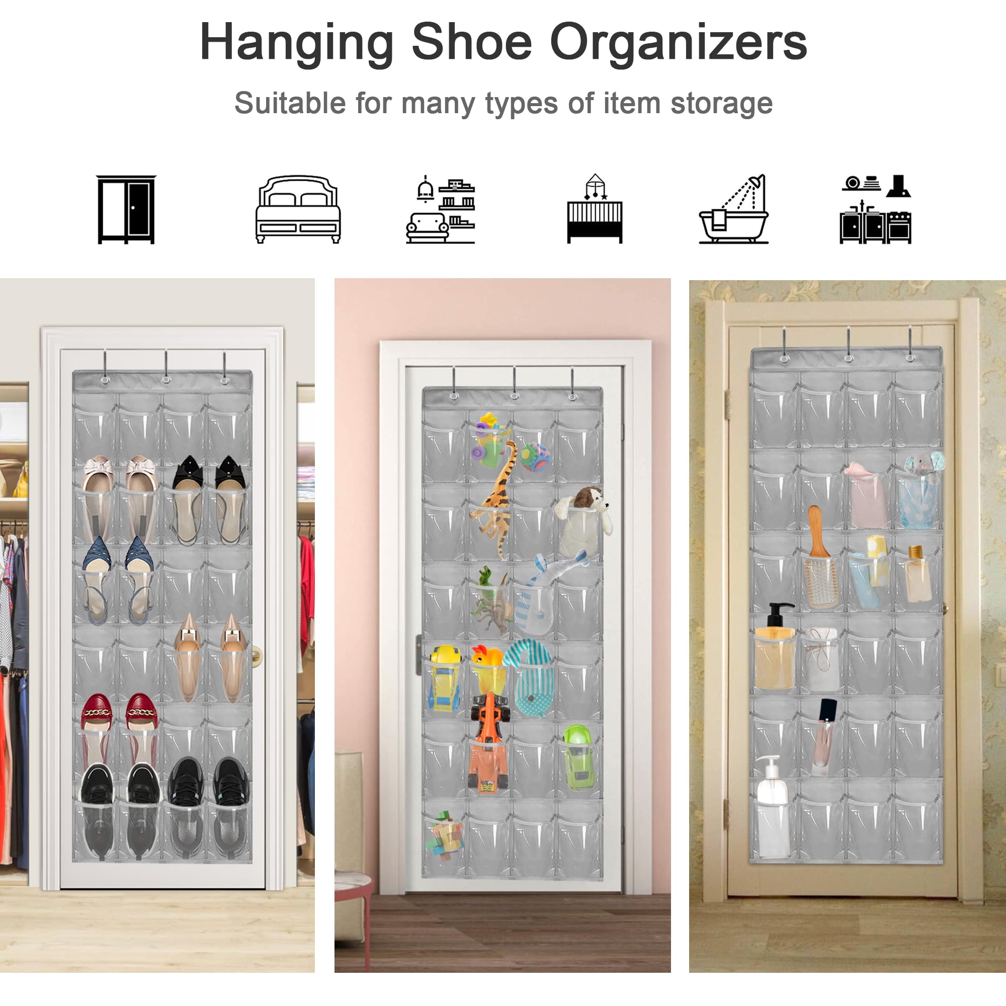 Over The Door Shoe Organizer - Space Saving Shoe Rack for Closet Door with 24 Pockets and Hook, Shoe Holder Back of Door Organizers for Shoes, Hanging Shoe Organizer (Gray)