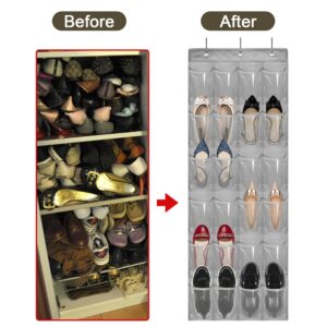 Over The Door Shoe Organizer - Space Saving Shoe Rack for Closet Door with 24 Pockets and Hook, Shoe Holder Back of Door Organizers for Shoes, Hanging Shoe Organizer (Gray)