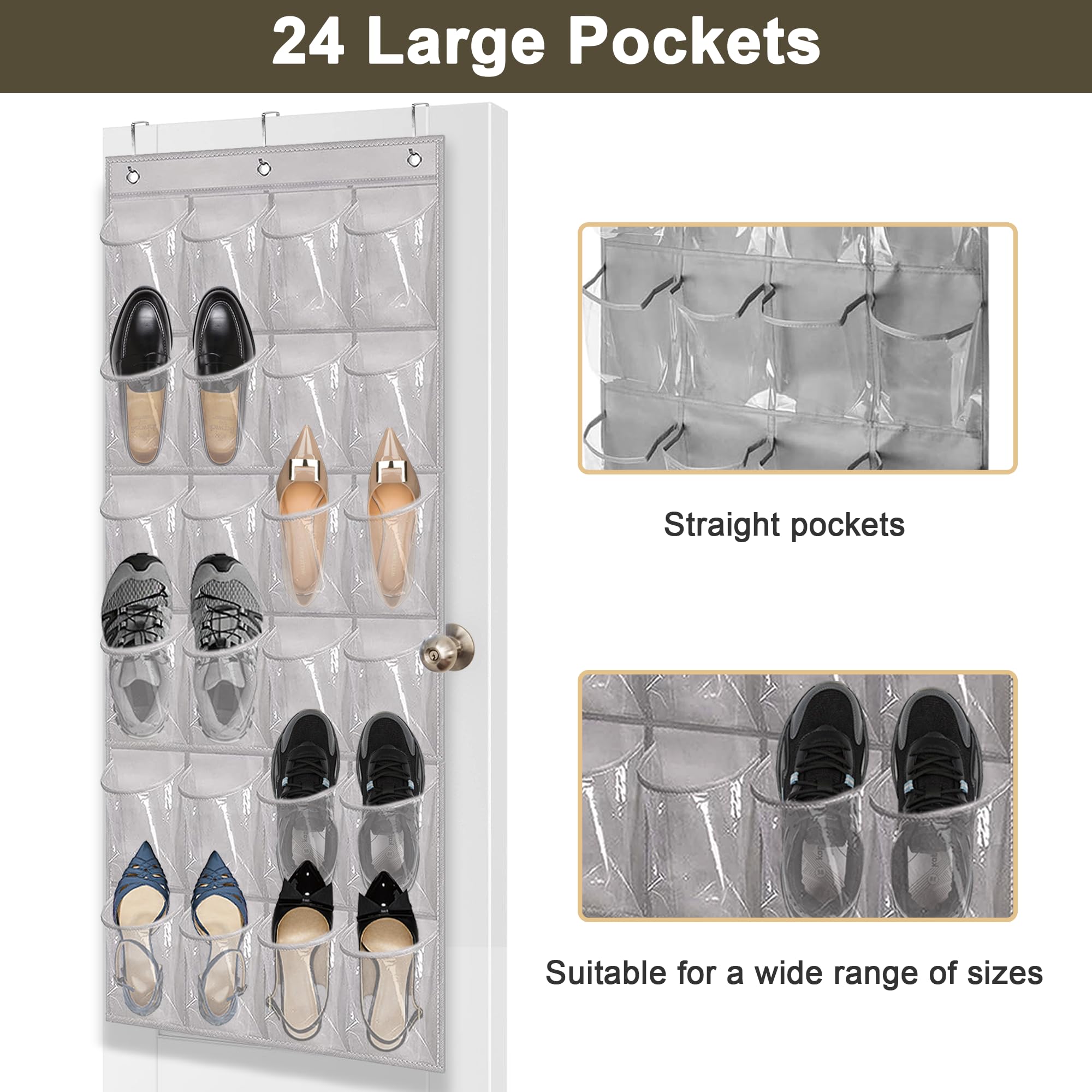 Over The Door Shoe Organizer - Space Saving Shoe Rack for Closet Door with 24 Pockets and Hook, Shoe Holder Back of Door Organizers for Shoes, Hanging Shoe Organizer (Gray)