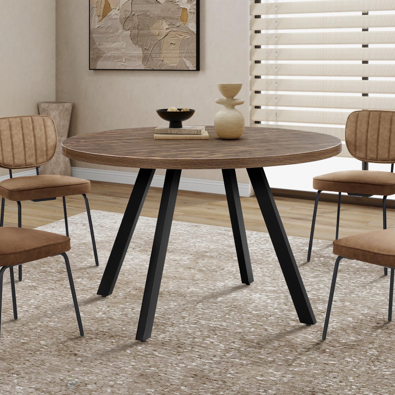 SIMTONAL Round Wood Dining Table for 4-6, 47" Mid Century Modern Kitchen Table (Only Table), Brown