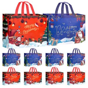 fayayuan 8 pack extra large christmas gift bags, reusable christmas tote bags with handle non-woven christmas bags for gifts wrapping xmas holiday,16.9"×12.6"×7.1"