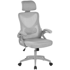 yaheetech ergonomic mesh office chair, high back desk chair with with flip-up armrests, adjustable padded headrest computer chair with lumbar support for home oiffce game room, full gray