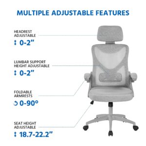 Yaheetech Ergonomic Mesh Office Chair, High Back Desk Chair with with flip-up Armrests, Adjustable Padded Headrest Computer Chair with Lumbar Support for Home Oiffce Game Room, Full Gray